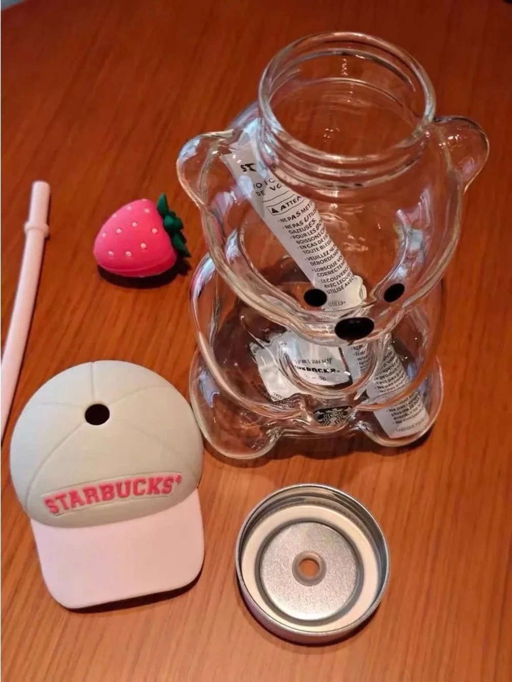 2026 Starbuck Barista Bear Glass Cup Coffee Baseball Cap Strawberry Topper Straw